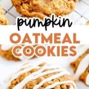 Pumpkin oatmeal cookies on wire rack and with icing.