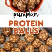 Pumpkin protein balls on parchment lined sheet and in a pumpkin dish.