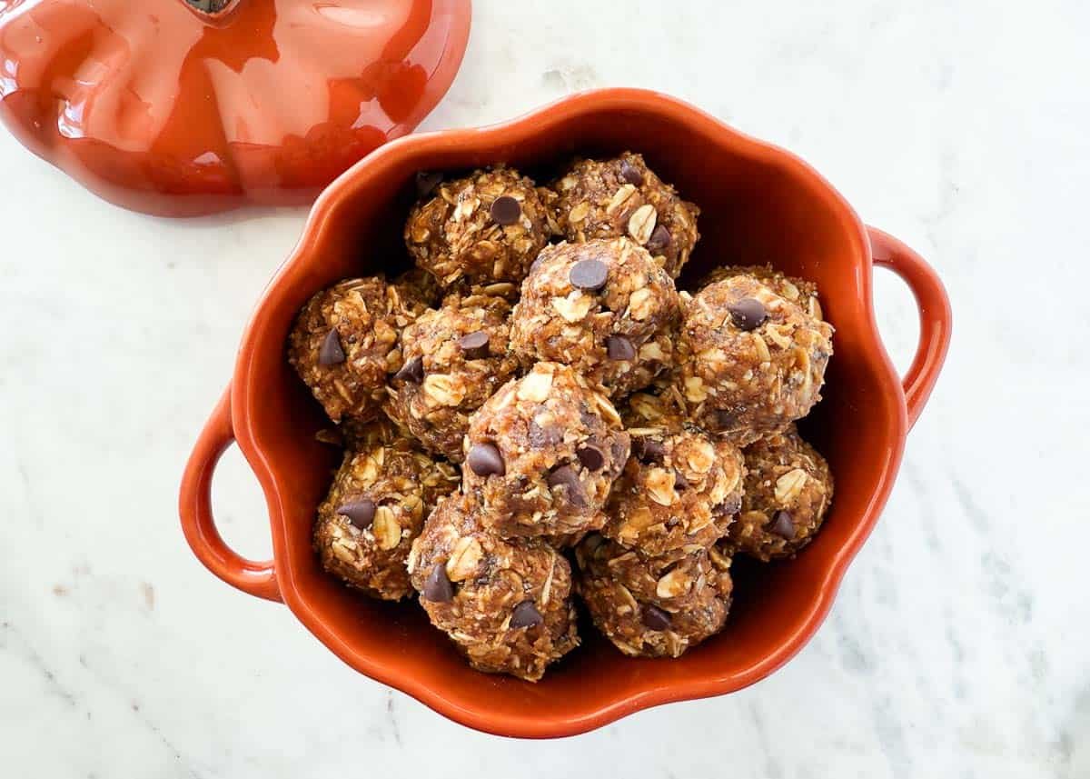 Pumpkin protein balls in a pumpkin.