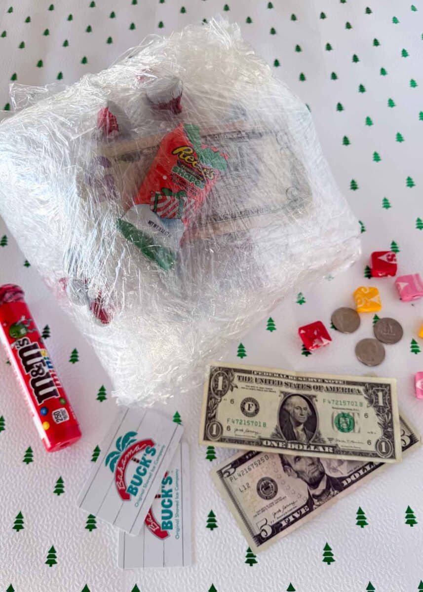 Saran ball game with a wrapped Saran ball and prizes.