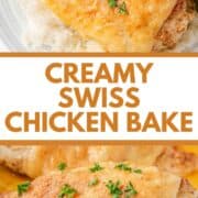 Swiss chicken in baking dish and served with rice and salad.