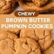 Brown butter pumpkin cookies piled on top of each other with a bite removed to chow chewy texture.