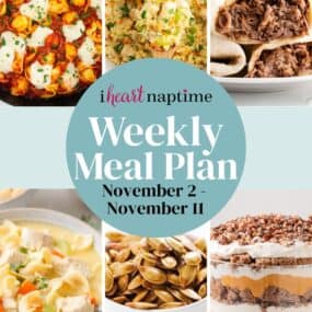 A photo collage of easy recipes for I Heart Naptime meal plan.