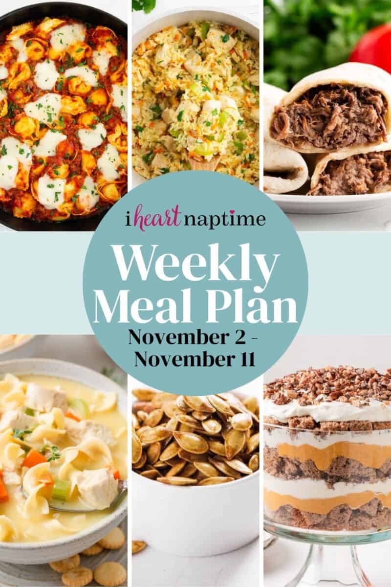 A photo collage of easy recipes for I Heart Naptime meal plan.