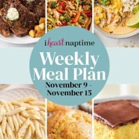 A photo collage of recipes for a weekly meal plan for I Heart Naptime.
