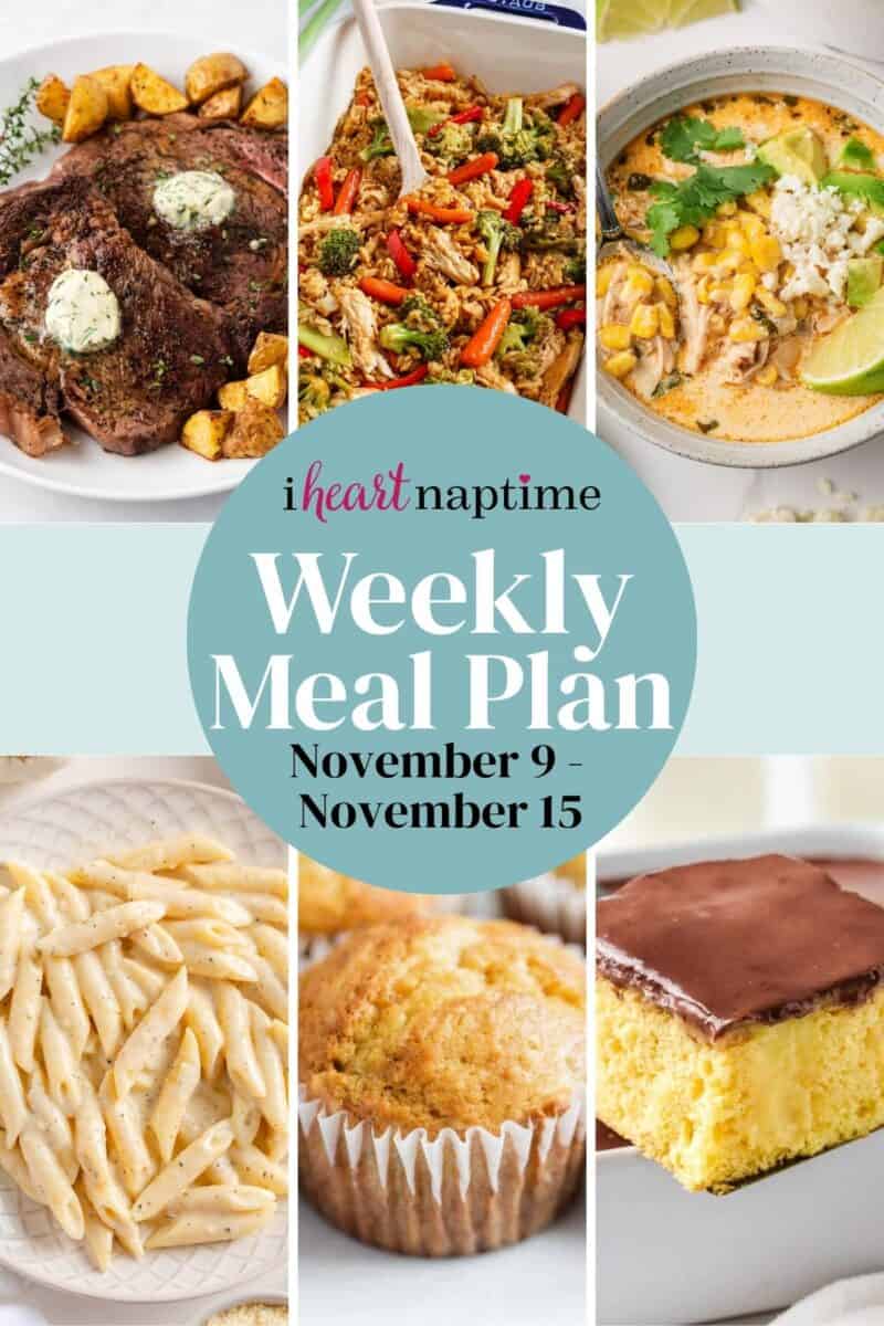 A photo collage of recipes for a weekly meal plan for I Heart Naptime.