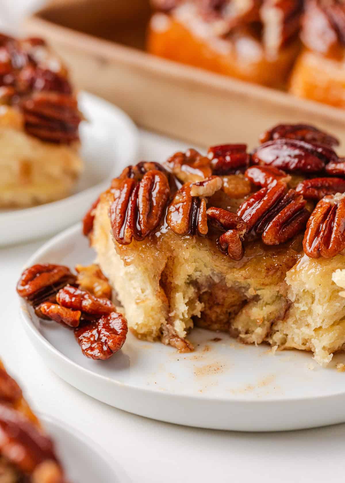 Warm, gooey, and dripping in a maple caramel glaze and pecan topping, these homemade sticky buns are the perfect bake for your next holiday brunch or cozy weekend morning! Soft sticky bun topped with caramelized pecans on a white plate with a bite taken out to show the fluffy interior.
