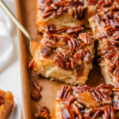 Freshly baked sticky buns in a baking pan, topped with glossy caramel pecans and ready to serve.