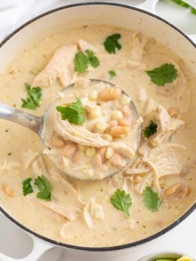 Creamy white chicken chili in a Dutch oven filled with shredded chicken, white beans, corn, and fresh cilantro.