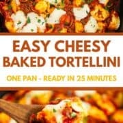 Baked tortellini in a cast iron dish.