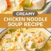 Close up of creamy chicken noodle soup in a pot and bowl.