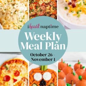 A photo collage for a weekly meal plan for I Heart Naptime with easy dinners, snack and dessert.
