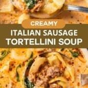Creamy italian sausage tortellini soup in a bowl.