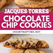 A stack of Jacques torres chocolate chip cookies with frosted chocolate bottoms and one broke in half to chow chewy texture.