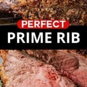 Sliced prime rib on a plate and whole prime rib showing garlic and herb rub.