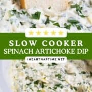 Slow cooker spinach artichoke dip in crockpot with bread dipping into it.