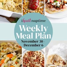 A photo collage of recipes for I Heart Naptime weekly meal plan.