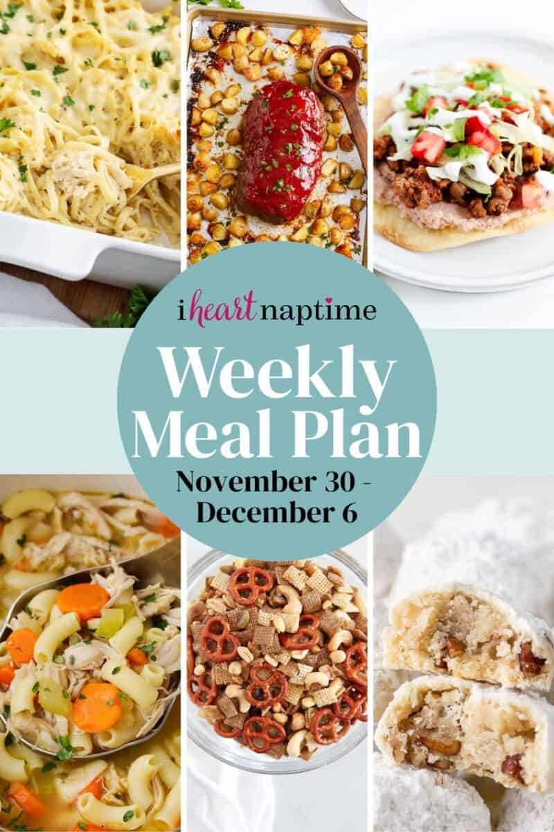 A photo collage of recipes for I Heart Naptime weekly meal plan. 