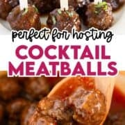 Cocktail Meatballs with toothpicks and served from a pot with a serving spoon.