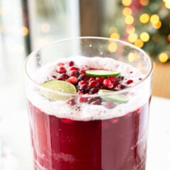 Overhead view of a festive cranberry punch topped with fresh cranberries and lime slices, with light bubbles around the edges.