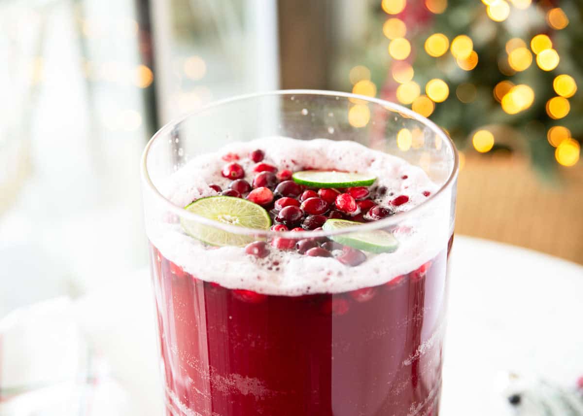 Overhead view of a festive cranberry punch topped with fresh cranberries and lime slices, with light bubbles around the edges.