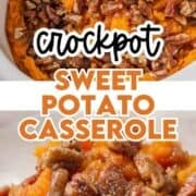 Crockpot sweet potato casserole topped with pecans being served out of the slow cooker.