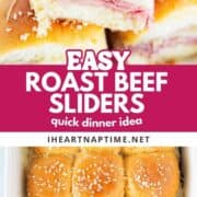 Stacked roast beef sliders and slides in baking dish.