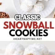 Snowball cookies on a plate and one broke in half to show pecans.