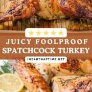 Spatchcock turkey on wire roasting pan rack and sliced.