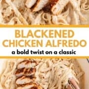 Blackened chicken alfredo in a dish with serving tongs.