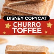 Churro Toffee stacked on the counter and dusted with cinnamon sugar.