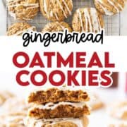 Gingerbread oatmeal cookies on baking rack and stacked.