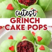 Grinch cake pops lying on a plate with one cut in half to show red velvet cake.