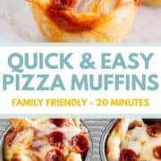 Pizza muffin on plate and in muffin tin.