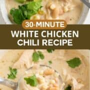 White chicken chili recipe in a bowl and being served from a pot.