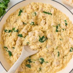 Creamy chicken and orzo cooked in one pan with spinach, garlic, and Parmesan cheese.