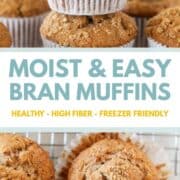 Bran muffins stacked and opened from muffin liner.