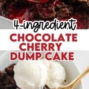 Chocolate cherry dump cake served out of pan and in bowl with ice cream.