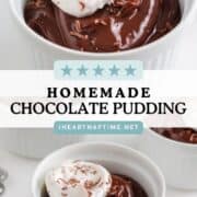 Small bowls of homemade chocolate pudding with whipped cream.