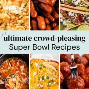 A collage of super bowl recipes for a game day party spread.