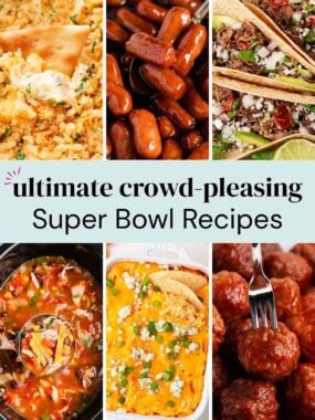A collage of super bowl recipes for a game day party spread.