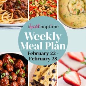 A photo collage of recipes for a weekly meal plan for I Heart Naptime.