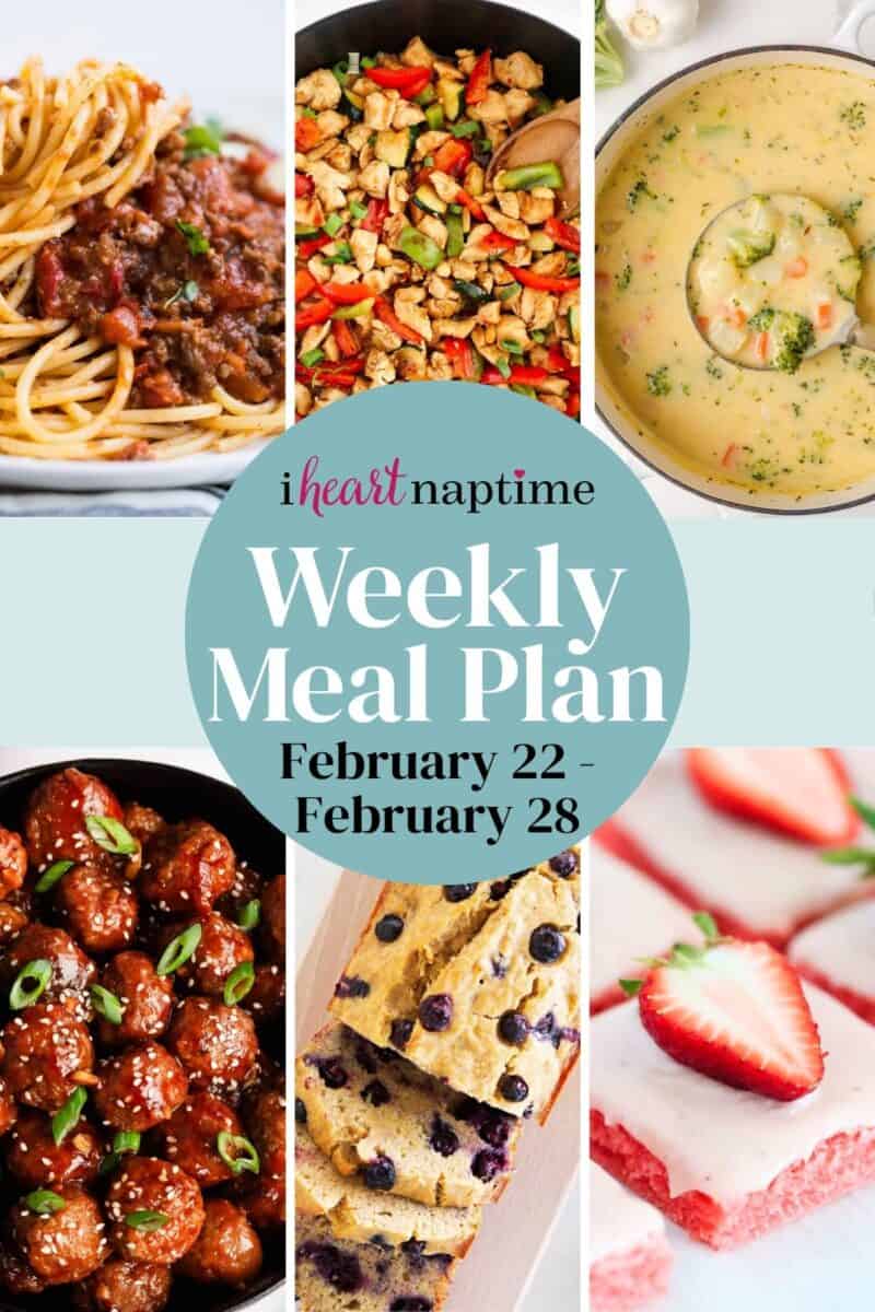 A photo collage of recipes for a weekly meal plan for I Heart Naptime.