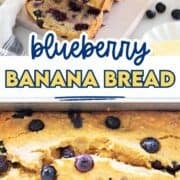 Blueberry banana bread sliced and in a loaf pan.