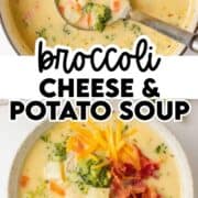 A pot of broccoli cheese and potato soup and a bowl of soup with garnish.