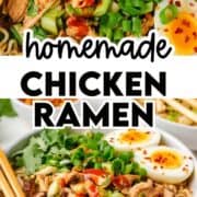 Chicken ramen recipe in a bowl with toppings and chopsticks.