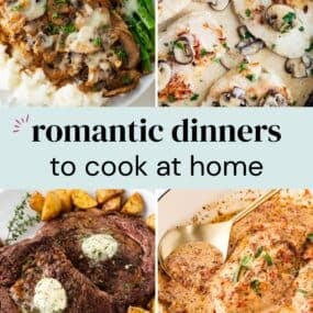 A collage of romantic dinner ideas to cook at home.