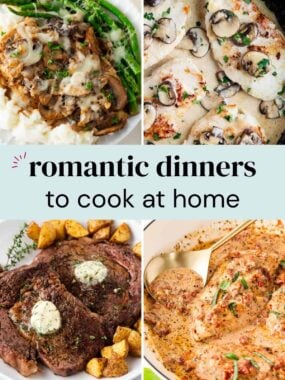 A collage of romantic dinner ideas to cook at home.