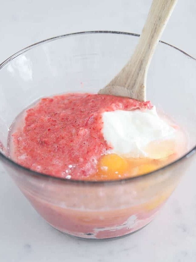 Strawberry cake mix batter in a bowl.