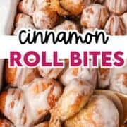 Cinnamon roll bites in a pan served with a spoon showing gooey texture.